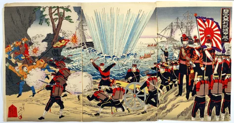 Coastal Landing by Japanese Forces on Chinese Shores, en episod från det kinesisk-japanska kriget, sent 1800-tal (träblock i färg)