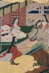 Detalj av våren i palatset, sexfaldig skärm från The Tale of Genji, ca 1650 (bläck, färger och guld på papper)
