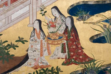 Detalj av våren i palatset, sexfaldig skärm från The Tale of Genji, ca 1650 (bläck, färger och guld på papper)