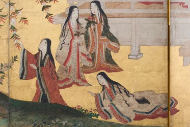 Detalj av våren i palatset, sexfaldig skärm från The Tale of Genji, ca 1650 (bläck, färger och guld på papper)