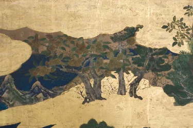 Detalj av våren i palatset, sexfaldig skärm från The Tale of Genji, ca 1650 (bläck, färger och guld på papper)