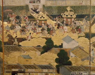 Detalj av Vyer i och omkring Kyoto (Rakuchu rakugai zu), ca 1616-24 (bläck, färg och bladguld på papper)