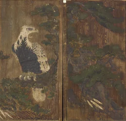 Örn i en tall, Momoyama-period, möjligen 1600-talet (bläck & färg på trä)