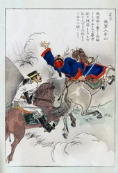 Ridstrid mellan en japansk officer och en kinesisk - japanskt tryck, sent 1800-tal