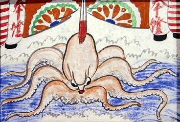 Ex voto som visar en bläckfisk placerad i ett shinto- eller buddhistiskt tempel (gouache på papper)