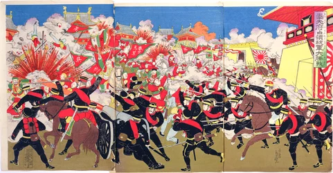 Hårda strider mellan japanska och kinesiska trupper i en kinesisk stad, en episod från det kinesisk-japanska kriget, sent 1800-tal (träblock i färg)