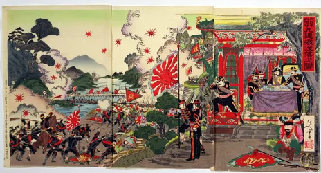Strid mellan japanska och kinesiska trupper Undersökt av en grupp japanska officerare, en episod från det kinesisk-japanska kriget, sent 1800-tal (träblock i färg)
