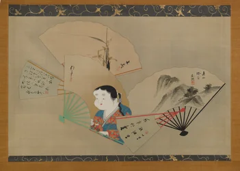 Fem fans, av Sakai Hoitsu (1761-1828), Tani Buncho (1763-1840), Haruki Nanko (1759-1839), Kameda Bosai (1752-1826) och Kikuchi Gozan (1772-1855), ca 1820-talet (hängande rulle ) , bläck, gofun & guld på siden)