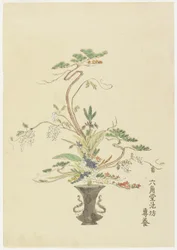 Blomsterarrangemang av Rokkakud? Ikenob? Seny?; Tall och akacia, (handfärgat träblockstryck)