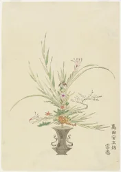 Blomsterarrangemang av Takada Anritsub?; Liljor och klockblommor (handfärgat träblockstryck)