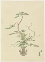 Blomsterarrangemang av Takada Anritsub? Untai; Tall, bambu och plommon (handfärgat träblockstryck)