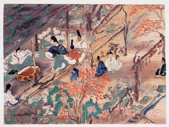Heian statsman och poet Sugawara Michizane (845-903), känd som Tenjin-San (himmelsk ande), i exil i Kitano Tenman-Gu-helgedomen i Kyoto och delar kläder donerade av en gång kejsare, Fujiwara Nobuzane (1176-1268), Kamakura period (1185-1333), Japan