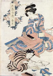 Japanska flickor som lär sig skriva (trätryck i färg)