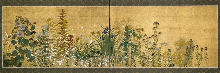 Japansk konst: skärmpaneler dekorerade med blommor. Stil av skolan i Rimpa (1596-1615). Målning på siden. Dämpa. 65x189 cm Privat samling
