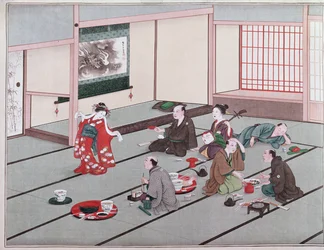 Japaner som äter, dricker och underhåller sig i tehuset (wc)