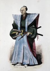 Japansk adelsman med vapen och ceremoniell klädsel,1860 (gravyr)