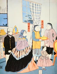 Japanskt tryck c.1870 som visar europeiska besökare till Japan (träblock i färg)
