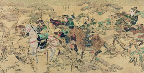Japanska soldater på hästridning genom en tallskog under den mongoliska invasionen av Japan 1274, illustration från Kokka magazine, maj 1921