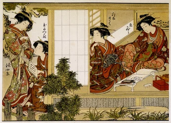 Japanska kvinnor som skriver och läser. 1700-talstryck.