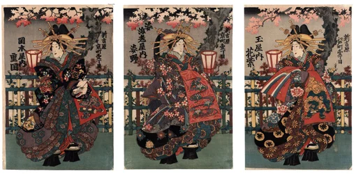 La courtisane Shigeoka de Okamoto-ya; La courtisane Sugatano de Sugataebi-ya; La courtisane Hanamurasaki de Tama-ya --Courtesans Shigeoka, Sugatano och Hanamurasaki. Triptyk. Från serien The Beautys of the Yoshiwara --Anonymous --Mellan 1848 och 1