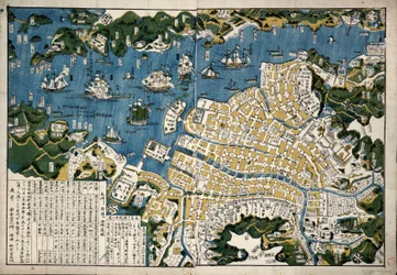 Karta över Nagasaki, Japan, ca 1868 (kolorerat träsnitt)