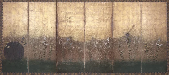 Moon In Musashi Plain (färg och guld på papper)