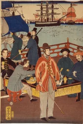 Ett tryck av triptyk som visar europeiska köpmän som tar förfriskningar med japaner. I bakgrunden finns fartyg i Yokohama hamn, Japan