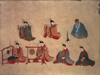 Or.961 fol.5 Sju sittande musiker, från Ryukyu musikuppträdanden, ca 1800-50 (penna & bläck och akvarell på papper)