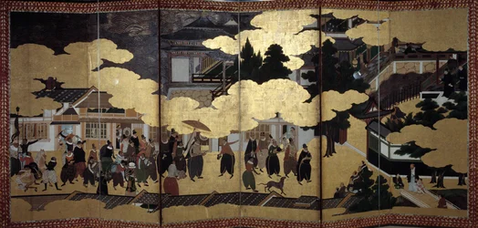 "Portugisisk" skärm: en representation av portugisiska jesuitmissionärers ankomst till Japan på 1500-talet. Realiserat av Kanoskolan (?). 1593-1600. Lissabons museum för antik konst