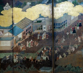 "Portugisisk" skärm: en representation av portugisiska jesuitmissionärers ankomst till Japan på 1500-talet. Detalj. Realiserat av Kanoskolan (?). 1593-1600. Lissabons museum för antik konst
