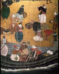"Portugisisk" skärm som representerar ankomsten av portugisiska jesuitiska missionärer till Japan på 1500-talet - 1590-1614 - Detalj som representerar barken av matvaror - Namban School