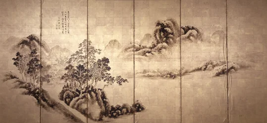 Recto: Landscape After Mi Fei, ca 1810 (bläck på bladguld)