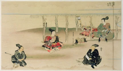 Samurai Takezaki levererar huvuden av två mongoliska inkräktare till Adachi Morinume under den mongoliska invasionen av Japan 1274, illustration från Kokka magazine, maj 1921