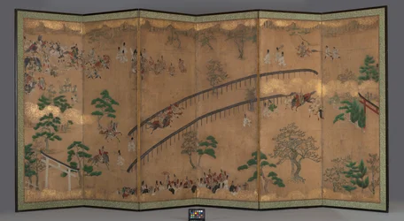 Sexpanelsskärm: Hästkapplöpning på Kamo Shrine, tidigt 1700-tal (bläck, guldpigment, färg och bladguld på papper)