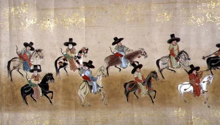 Sjätte koreanska ambassaden till Japan i Meireki 1 vid tiden för Tokugawa Ietsunas tronföljd 1651, möjligen av Kano Masunobu (1625-94) (rullmålning)