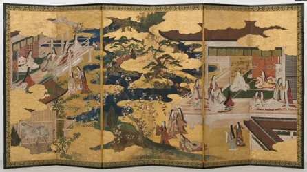 Spring in the Palace, sexfaldig skärm från The Tale of Genji, ca 1650 (bläck, färger och guld på papper)