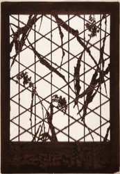 Stencil: spannmål, bark och grenar på bambu trellis