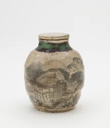 Tebladsburk för sencha, med matchande lock, Kyoto-relaterad porslin, tebladsburk (sencha tsubo)