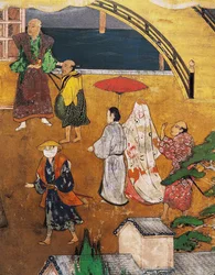 Portugisernas ankomst till Japan, detalj av en gatubild, från en Namban Byobu-skärm, 1594-1618