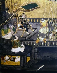 Portugisernas ankomst till Japan, detalj som visar män i den centrala delen av ett skepp, från en Namban Byobu-skärm, 1594-1618