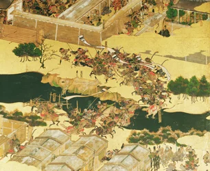 Slaget vid Hogen från en skärm, Momayama-perioden (1568-1600) (penna och bläck, färg och guld på panel) (detalj)