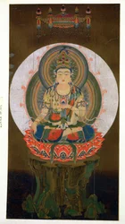 Bodhisattvan Akashagarba som håller den önskeuppfyllande Cintamani-juvelen i vänster hand och sitter på en lotus, illustration efter ett kakemono från 800-talet från Daigo-templet, publicerad i Th