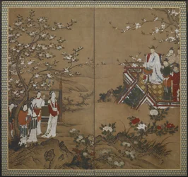 Den kinesiske kejsaren Ming Huang och hans konkubin Yang Kuei-fei spelar och sjunger för att få blommorna att blomma, Edo-perioden (färg & guld på papper)