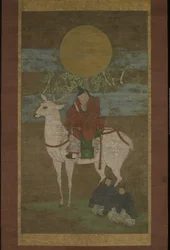 Avgången från Kashima (Deity of the Kasuga ut), sent 1300-tal (Hängande rulle: bläck, färg och guld på siden)