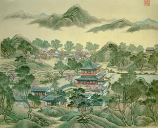 Detaljpaviljongen av ett japanskt tryck från 1800-talet.