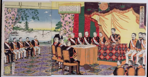 Kejsaren Mutsuhito (1852-1912) håller ett krigsråd, en episod från det kinesisk-japanska kriget, sent 1800-tal (träblock i färg) (se även 176842)
