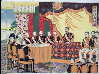 Kejsaren Mutsuhito (1852-1912) Håller ett krigsråd, en episod från det kinesisk-japanska kriget, sent 1800-tal (träblock i färg) (se även 176841)