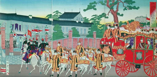 Kejsaren Mutsuhito (1852-1912) Återvänder till sitt palats i Tokyo, sent 1800-tal (trätryck i färg)