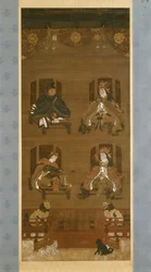 The Four Deities of K?yasan Temple Complex, sent 1300-tal, Nanbokuch? period (1336–92), hängande rulle (bläck, färg och guld på siden)