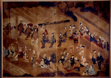 Kabukiteater: skådespelare på scenen; japanskt tryck från 1700-talet, Paris, Musée Guimet, Nationalmuseet för asiatisk konst
